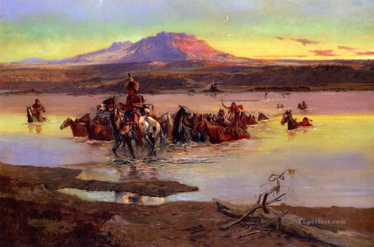 馬の群れを渡る 1900年 チャールズ・マリオン・ラッセル アメリカ・インディアン油絵